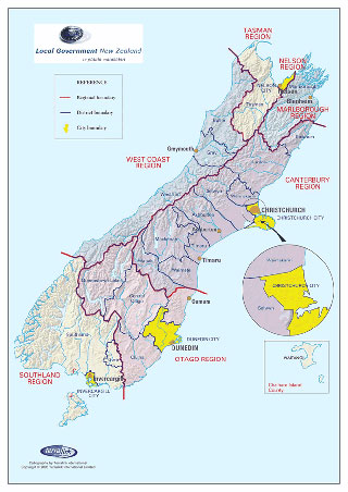 A map of the South Island of New Zealand. 